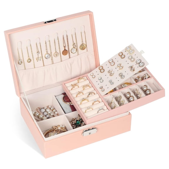 SWAEAZR Jewelry Boxes for Women Girls,2-Layer Jewelry Organizer Box with Removable Tray, Jewelry Box Organizer with Lock, PU Leather Jewelry Storage Case for Necklaces Ring Earrings Bracelet Watch