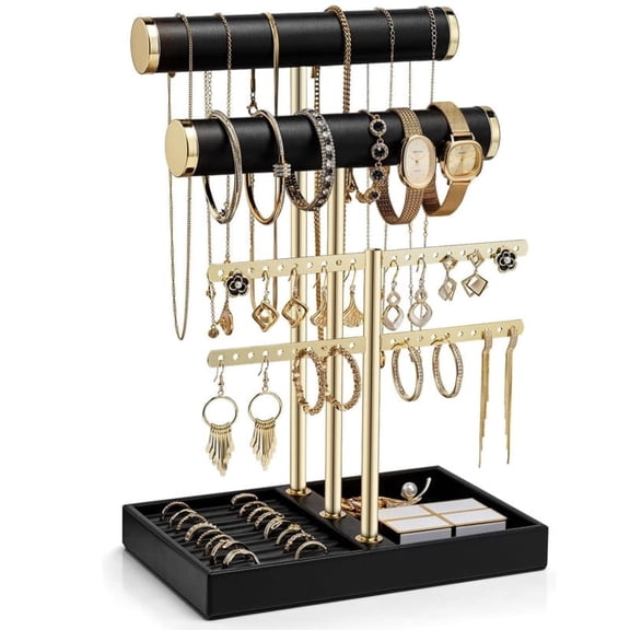 SWAEAZR Jewelry Stand, Jewelry Organizer Display, 3 Tier Jewelry Holder Display, T Bar Velvet Stand Earring Holder, Jewelry Organizer Stand for Bracelet, Necklaces, Earrings, Rings, Watches