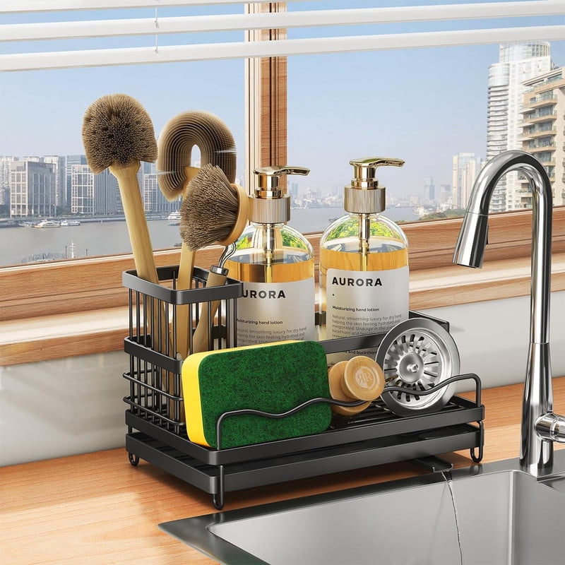 SWAEAZR Sponge Holder for Kitchen Sink Sink Caddy with Removable Brush Holder Stainless Steel Self Drain Kitchen Sink Organizer Dish Soap Dispenser Storage Accessories Walmart