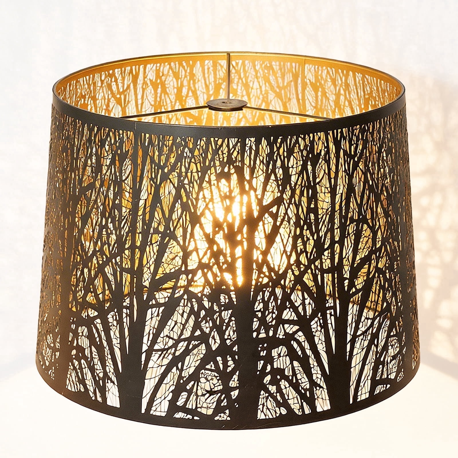 SWAIFDEE Large Drum Lamp Shade, 14" Top x 16" Bottom x 11" H, Metal Etched Tree Pattern, Spider Fitter, Modern Table Floor Lamp Replacement Shade