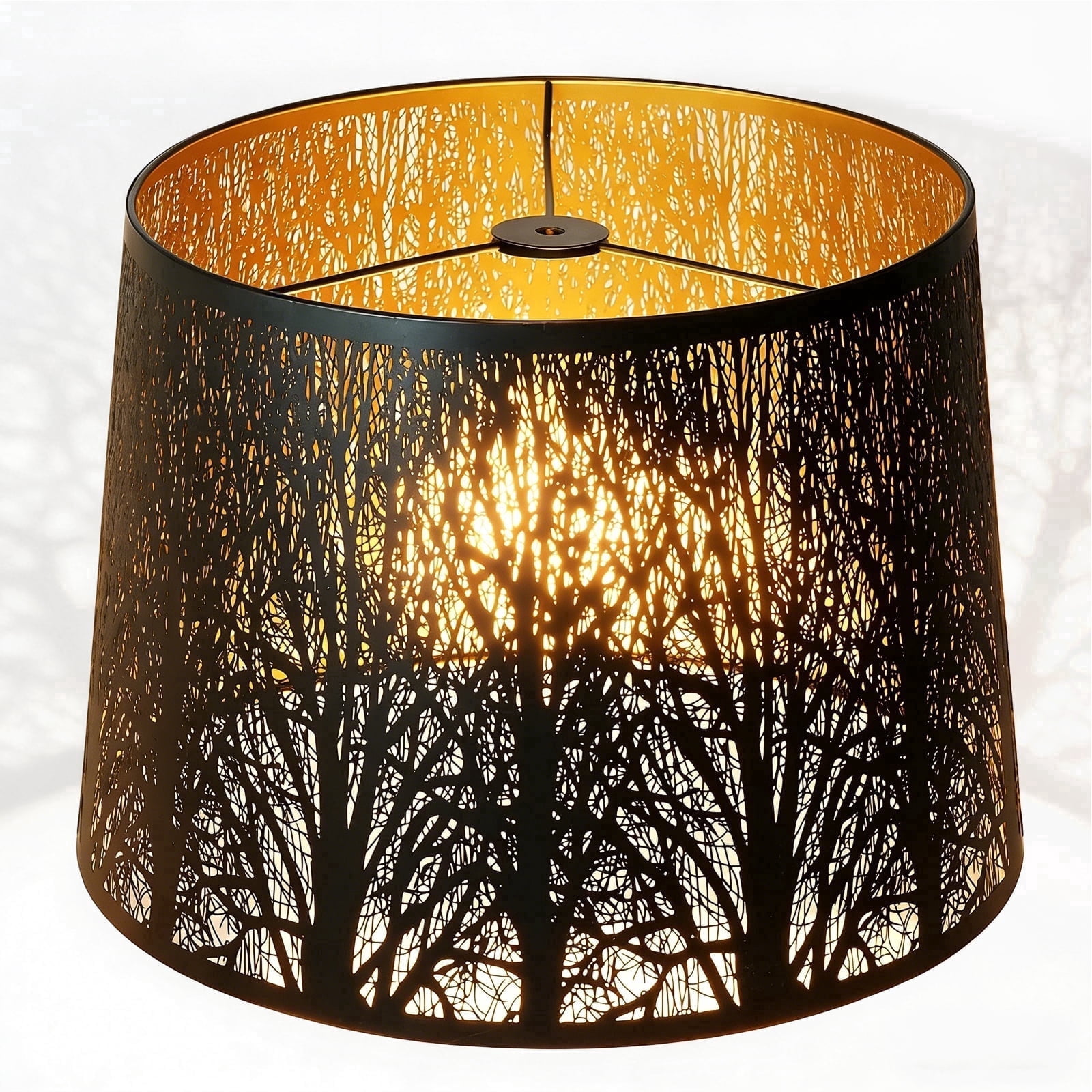 SWAIFDEE Metal Lampshade, Etched Forest Drum Lamp Shade, Black & Gold, Spider Fitter for Table & Floor Lamps, 12x14x10 Inch, Large Replacement Light Cover