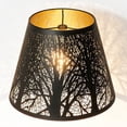 thumbnail image 1 of SWAIFDEE Metal Small Lamp Shade, Barrel Lampshade Etched Forest Pattern, Outer Black Inner Gold, 6" x 10" x 7.5", Spider Fitter, 1 of 11