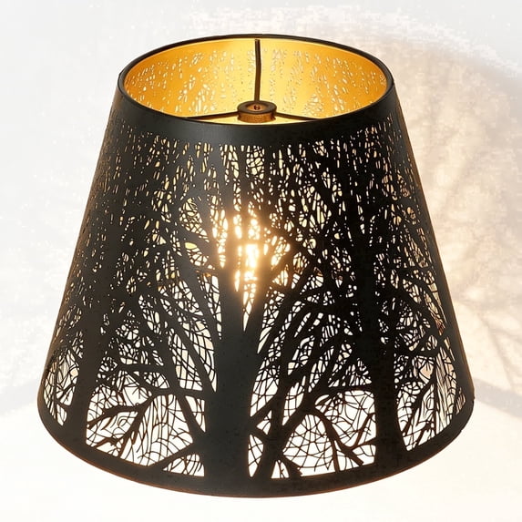 SWAIFDEE Metal Small Lamp Shade, Barrel Lampshade Etched Forest Pattern, Outer Black Inner Gold, 6" x 10" x 7.5", Spider Fitter
