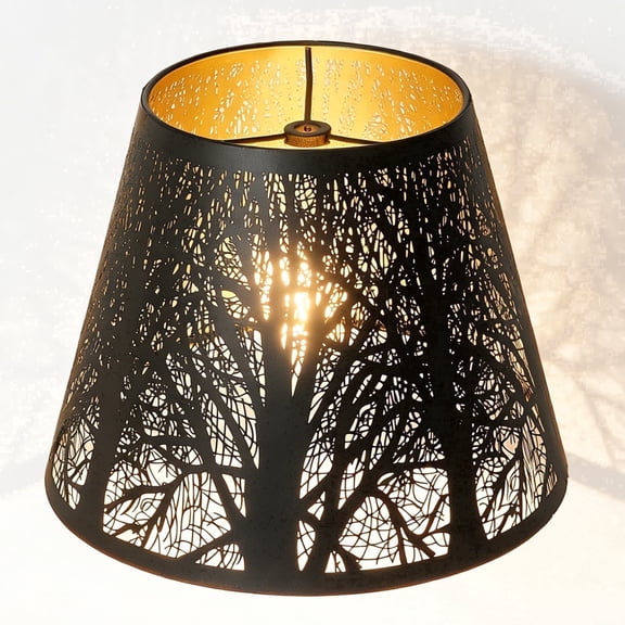 SWAIFDEE Metal Small Lamp Shade, Barrel Lampshade Etched Forest Pattern, Outer Black Inner Gold, 6" x 10" x 7.5", Spider Fitter