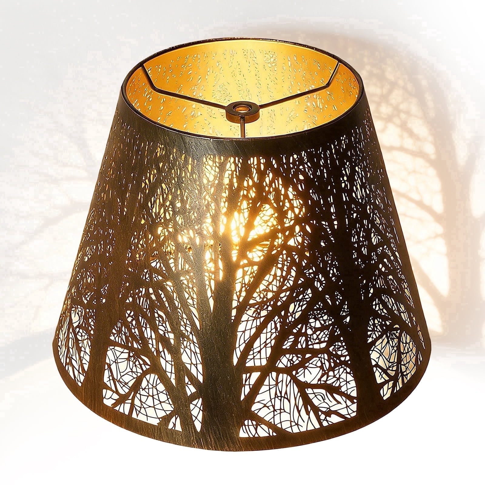 SWAIFDEE Etched Metal Small Lamp Shade, Forest Pattern Barrel Lampshade, Antique Bronze Exterior Gold Interior Replacement Cover, 6x10x7.5in Fits Table Lamps Wall Sconces