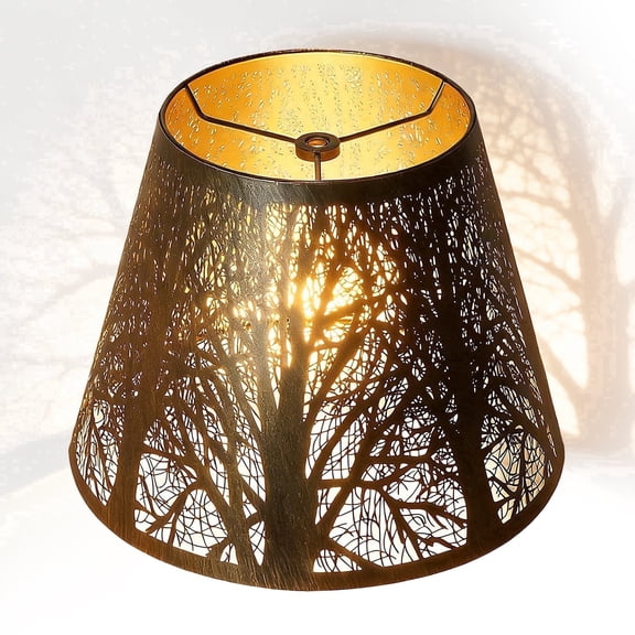 SWAIFDEE Barrel Metal Small Lamp Shade, Etched Forest Pattern, Antique Bronze and Gold, 6x10x7.5 inch, Spider Fitter