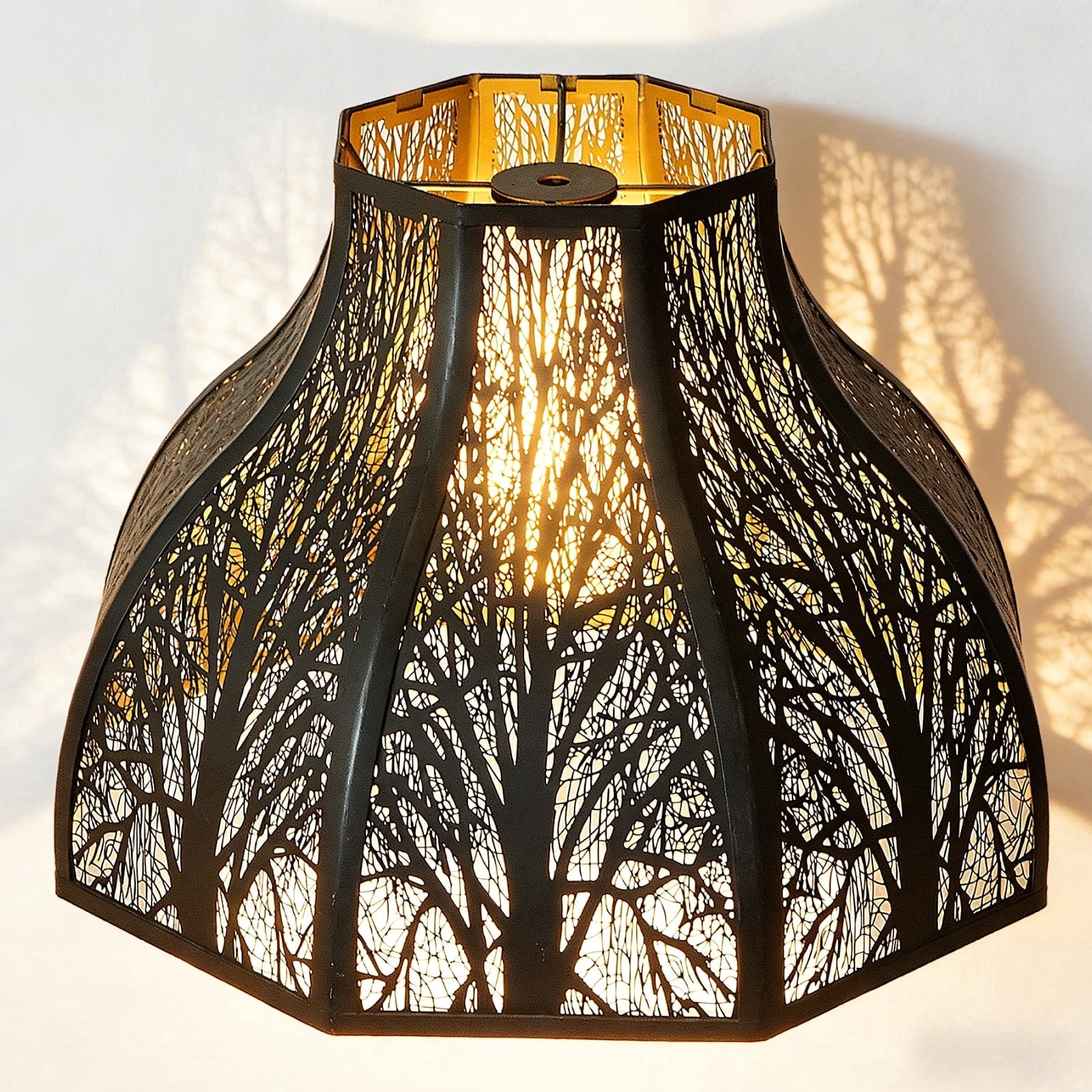 SWAIFDEE Octagonal Lotus Metal Lamp Shade Etched Forest Outer Black Inner Gold 5.32x13x9.5in Spider Fitter for Table Lamp Floor Lamp