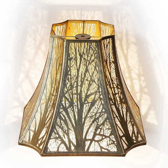 SWAIFDEE Square Cut-Corner Metal Lamp Shade, Bell Lampshade Etched Forest Pattern, Imperial Palace Style, 6.2" x 13" x 10.8", Bronze Exterior & Gold Interior