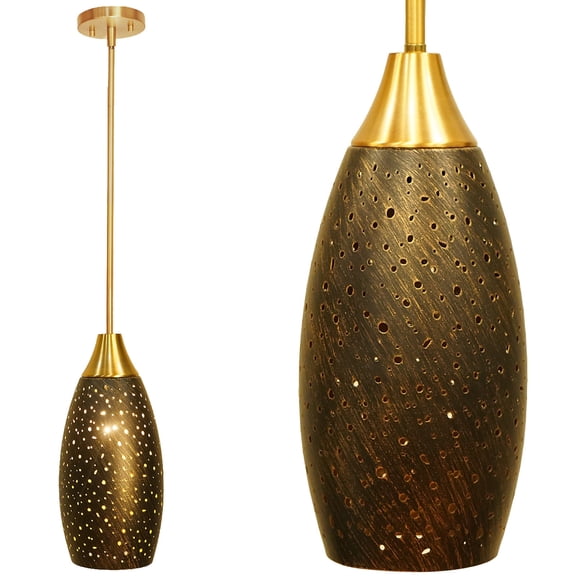 SWAIDFEE Pendant Light, Laser Starry Sky Metal Shade, Adjustable Brushed Brown Bronze Rod, E26 Base, Bronze Gold