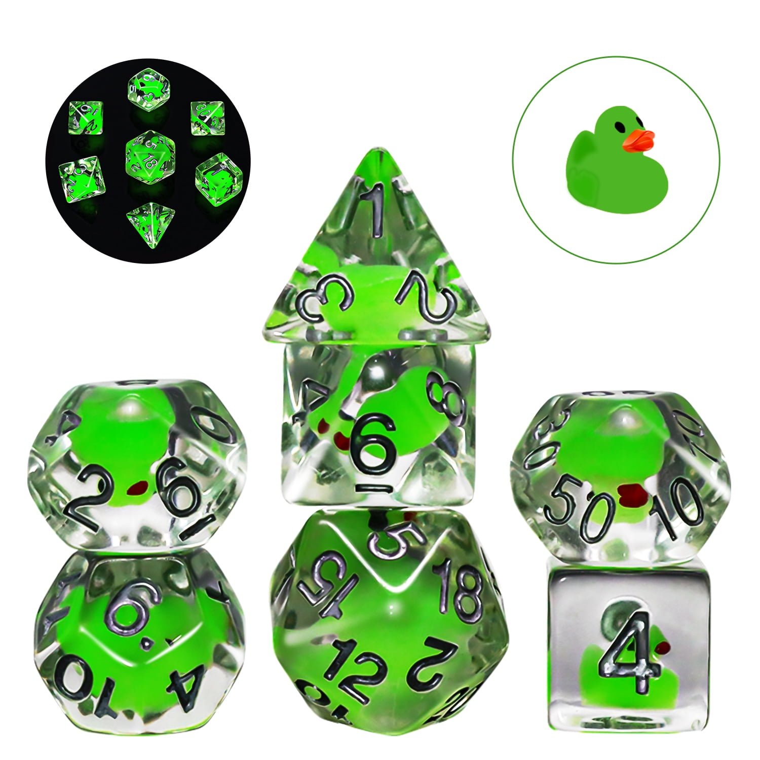 SWAJUJA Glow-in-the-Dark Green Duck DND Dice Set Polyhedral RPG for Dungeons & Dragons 7 Piece