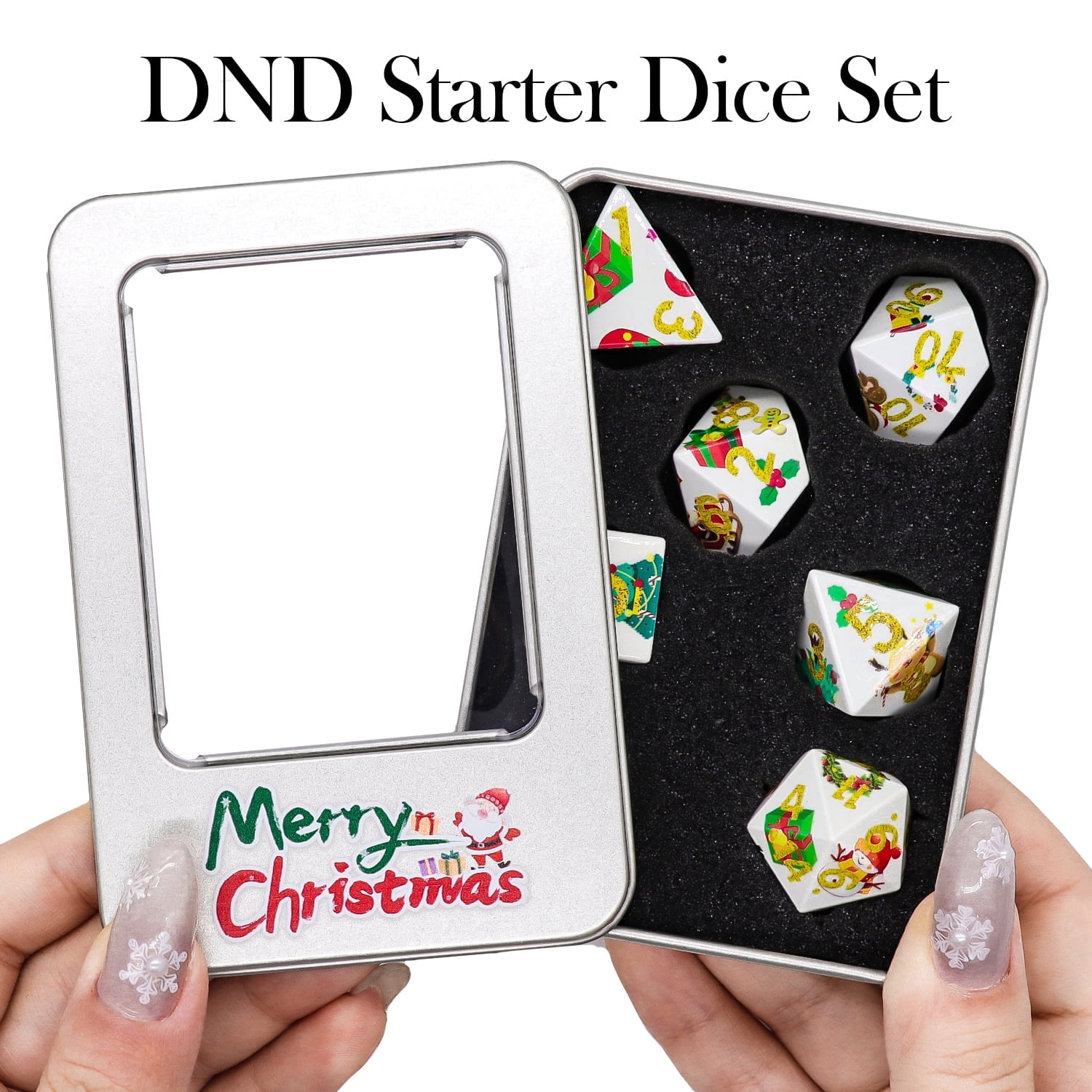 SWAJUJA Christmas Themed DND Dice Set White Christmas Themed with Gift Box 7 Piece,Holiday Party Game and RPG Role Playing Dice