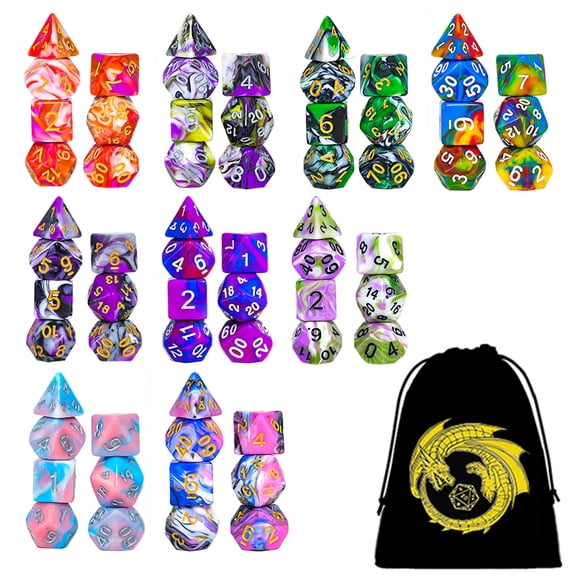 SWAJUJA 9 X 7 Polyhedral Dice Set (63 Pieces) for Dungeons and Dragons DND RPG MTG Table Games D4 D6 D8 D10 D% D12 D20 with 1 Pack Black Bags, 9 Colors