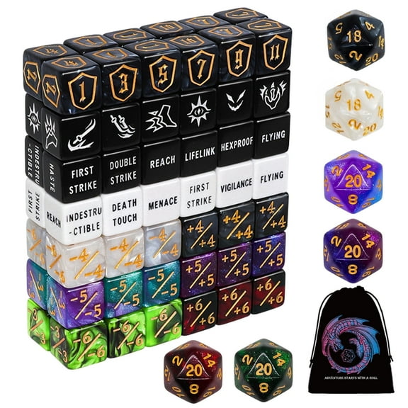 SWAJUJA 90 PCS MTG Counter Dice Set - AbilityKeyword Counters, -1/+1 Life Counter, Shield Counter, MTG Patterned Display dice, Creature Stat Buffs, Multicolor Marble Colour D6 Dice, MTG Games