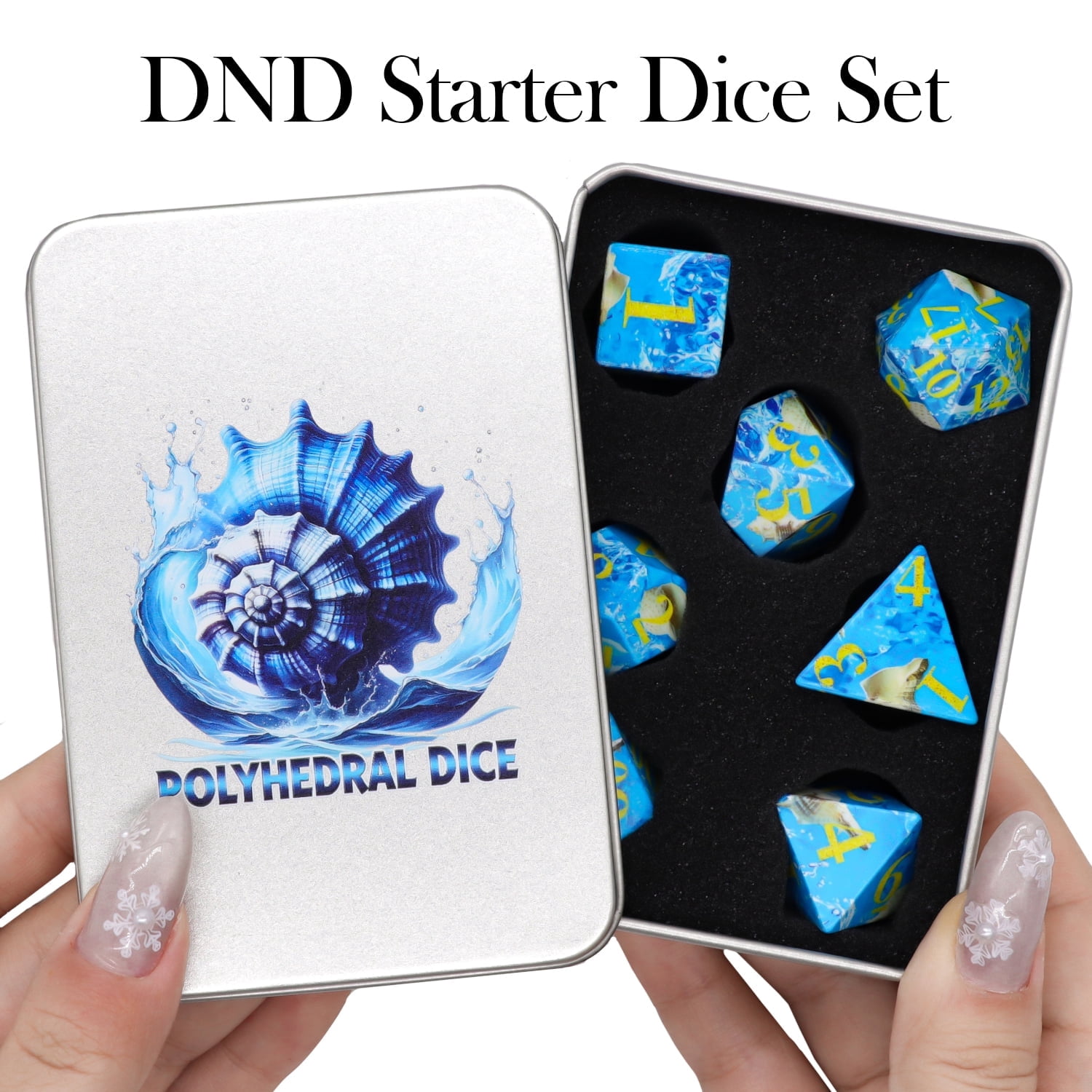 SWAJUJA DND Polyhedral Dice Set, 7 Pieces, Ocean Blue with Gold Numbers, White Conch Design