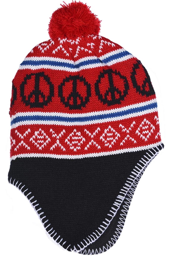 SWAK Girl's Emoji Peace Sign Knit Hat with Ear Flaps and Pom in 3 Vivid Colors