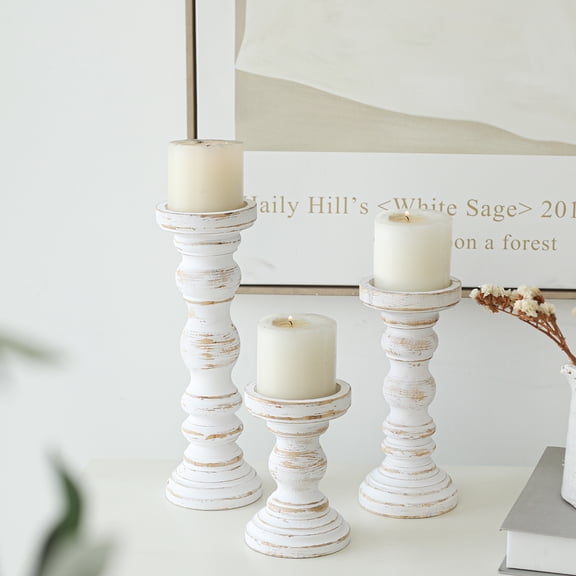 FUIN Rustic Farmhouse Wood Pillar Candle Holder Set of 3 for Candlestick, Black