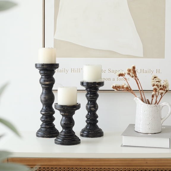 FUIN Rustic Farmhouse Wood Pillar Candle Holder Set of 3 for Candlestick, White