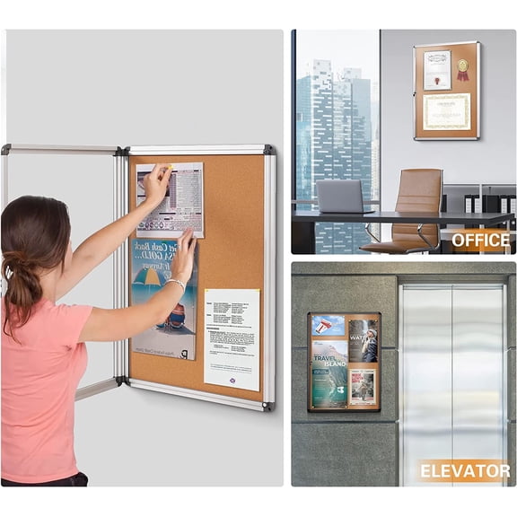 SWANCROWN Enclosed Bulletin Board, Lockable Cork Noticeboard for School Office, Wall Display Case with Lock 20"x14"(2xA4)