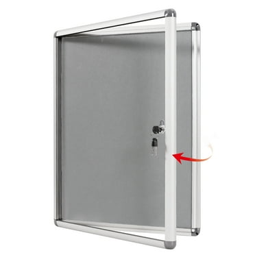SWANCROWN Enclosed Fabric Bulletin Board with Lock 26"x 20", Grey, Aluminum Frame