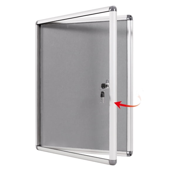 SWANCROWN Enclosed Fabric Bulletin Board with Lock 26"x 20", Grey, Aluminum Frame