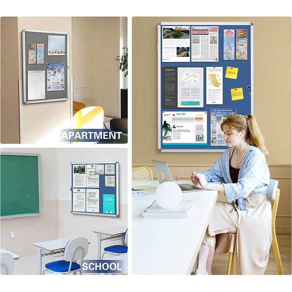 SWANCROWN Lockable Notice Board Tamperproof Enclosed Display Board for Home Office School,Wall-Mounted,Blue Fabric,26x20inch(4xA4)