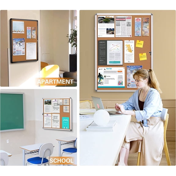 SWANCROWN Locking Bulletin Board Tamper-Proof Notice Board Cork Display Case Wall-Mounted for K12 Office Dentists, 38x14 inch