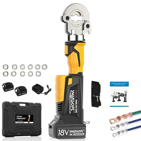 SWANSOFT Electric Hydraulic Crimping Tool, 6 Ton 6AWG-600MCM Battery Powered Crimper for Cu/Al Terminals, 20000 Cycles Wire Lug Crimping Tool Kit (300B-Yellow)