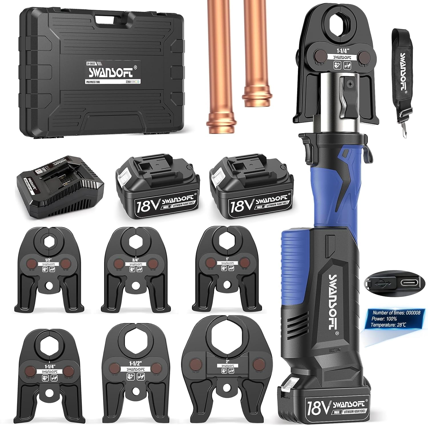 SWANSOFT Pro Press Tool for Copper Pipes, 32kN Propress Tool Kit with 6 US Standard Jaws 1/2", 3/4'', 1", 1-1/4", 1-1/2", 2", 18V Brushless Motor Electric Pipe Crimping Tool with 2Pcs 4Ah Battery