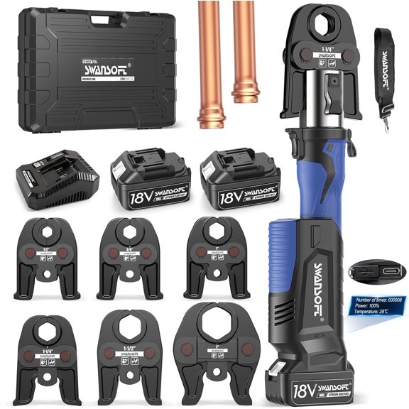 SWANSOFT Pro Press Tool for Copper Pipes, 32kN Propress Tool Kit with 6 US Standard Jaws 1/2", 3/4'', 1", 1-1/4", 1-1/2", 2", 18V Brushless Motor Electric Pipe Crimping Tool with 2Pcs 4Ah Battery