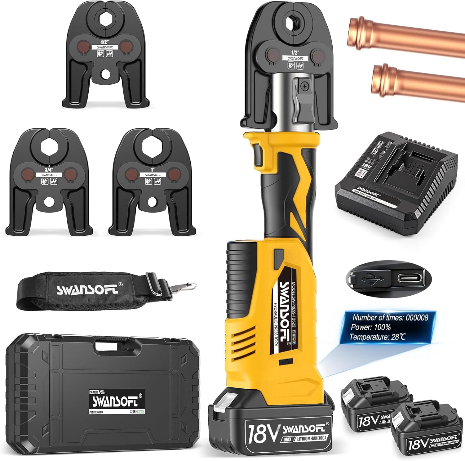 SWANSOFT ProPress Tool, 18V 4Ah Battery Electric Hydraulic Crimping Tool for Copper Pipes with 3 US Compact VUS 1/2", 3/4'', 1",Jaws Pro Press Copper Plumbing Crimper Tool Kit (SWPR-12522Y)