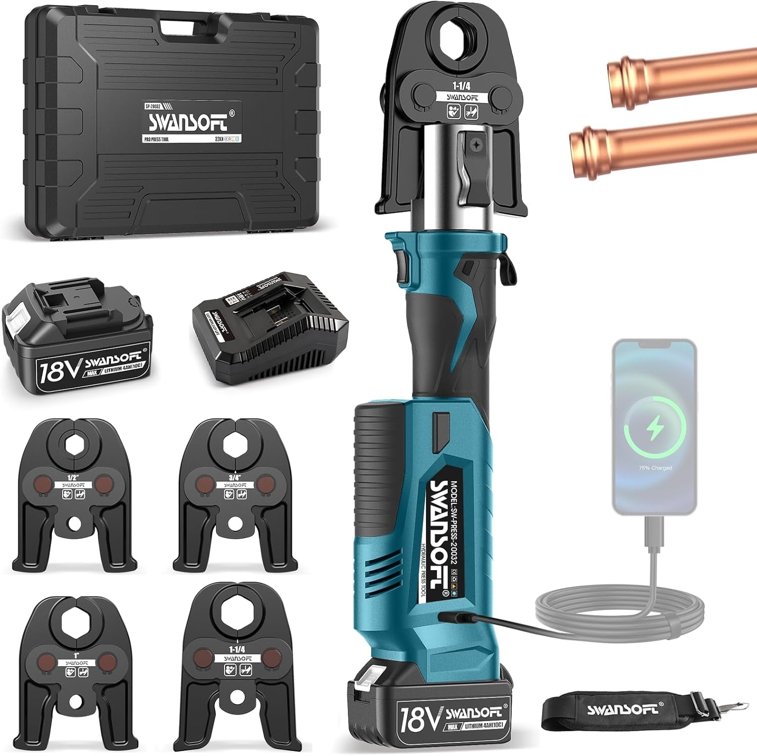SWANSOFT Propress Tool, Copper Pipe Crimping Tool with 18V 4Ah Battery Pro Press Copper Crimper Tool with 4 US Standard Jaws 1/2", 3/4'', 1", 1-1/4", Electric Hydraulic Plumbing Crimping Tool - Teal