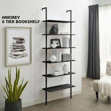 SWAREY 6 Shelf Wood Bookcase, Wall Mount Open Ladder Bookshelf Furniture with Metal Frame Black