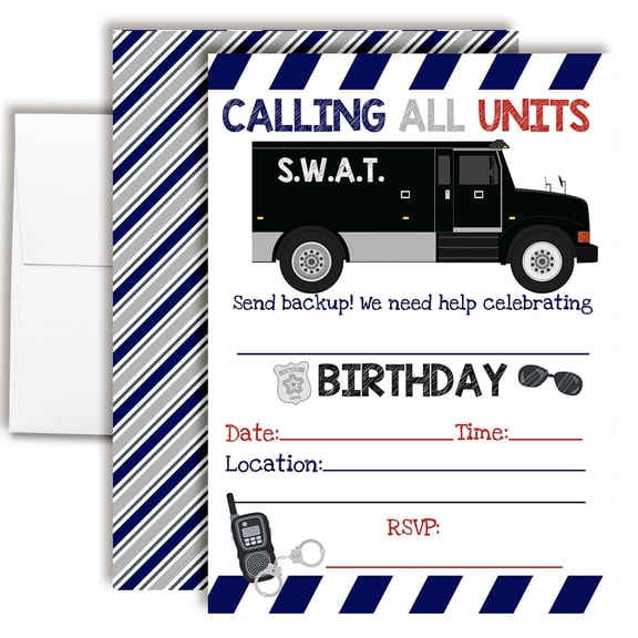 SWAT Team Law Enforcement Birthday Invitations for Kids, 20 Fill-In Cards with Envelopes, 5x7 Children's Birthday Party Invitations, Birthday Party Supplies, Made in USA by Amanda Creation
