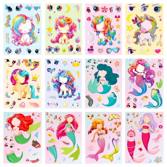 SWAZVAC 24 Sheets 12 Styles Rainbow Pony & Mermaid Make A Face Stickers, Reusable Waterproof Cartoon Princess DIY Puzzle Stickers, Parent-Interactive Handcraft Party Favors for Kids Girls