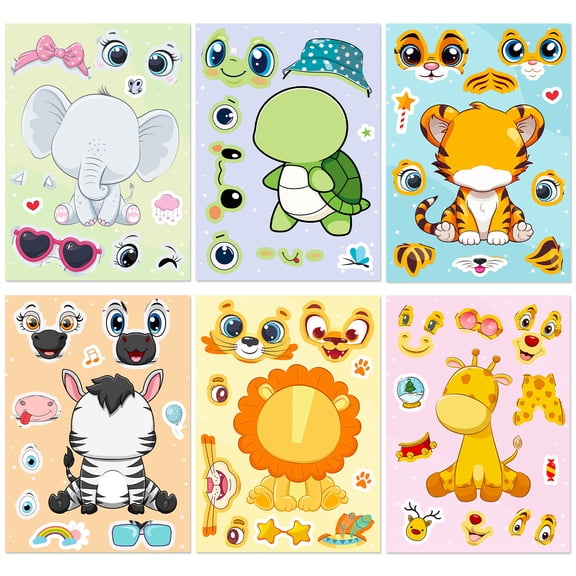 SWAZVAC 24 Sheets DIY Animal Make-a-Face Stickers, Kids Craft Emoji Mix-and-Match Sticker Set, Cute Cartoon Elephant Tiger Giraffe Dress-Up Stickers for Party Favors & Kids Activities