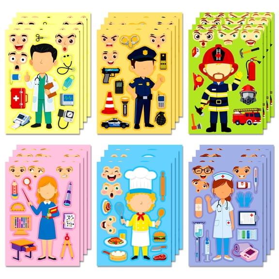 SWAZVAC 24 Sheets Occupation Make-a-Face Stickers, 6 Designs Educational Career Themed DIY Stickers, Fun Emoji Mix-and-Match Craft Stickers for Kids, Great for Party Favors, Rewards & Birthday Gifts