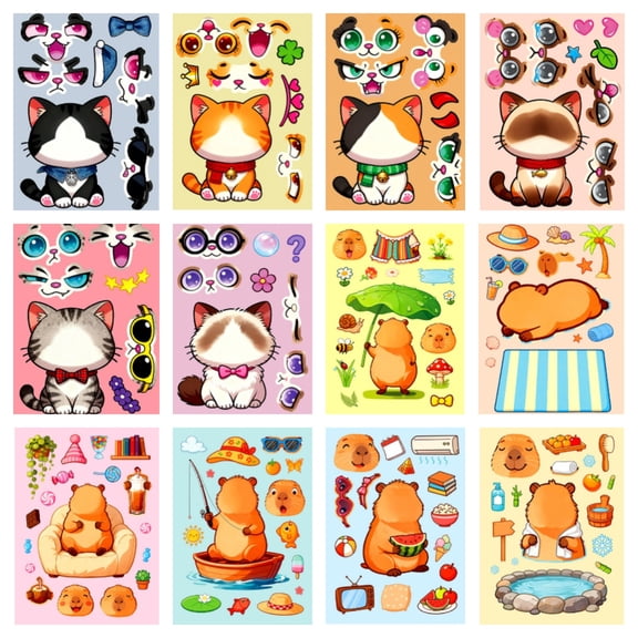 SWAZVAC 24PCS Animal Face Swap Stickers, 12 Unique Cartoon Animal Designs, Kids DIY Craft Stickers, Perfect for Birthday Party Favors, Classroom Rewards & Teacher Supplies