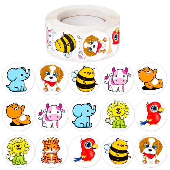 SWAZVAC 500Pcs Cartoon Animal Stickers Roll, 1 Inch Round Cute Reward Stickers for Kids, Self-Adhesive DIY Labels for Kindergarten, Classroom, Gift Bags, Envelopes, Jars, Cups