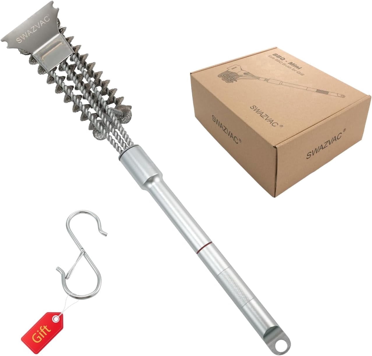 SWAZVAC 3-in-1 Bristle-Free Stainless Steel BBQ Grill Cleaner with Scraper, Detachable Aluminum Handle & Lockable S-Hook