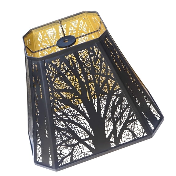 SWAaIFDEE Metal Bell Lampshade, Medium Cut Corner Lamp Shades Replacement for Table and Floor Lamp, Etched Forest Lamp Shade 6.5" Top × 12" Bottom × 10" High, Black and Gold Spider Fitter