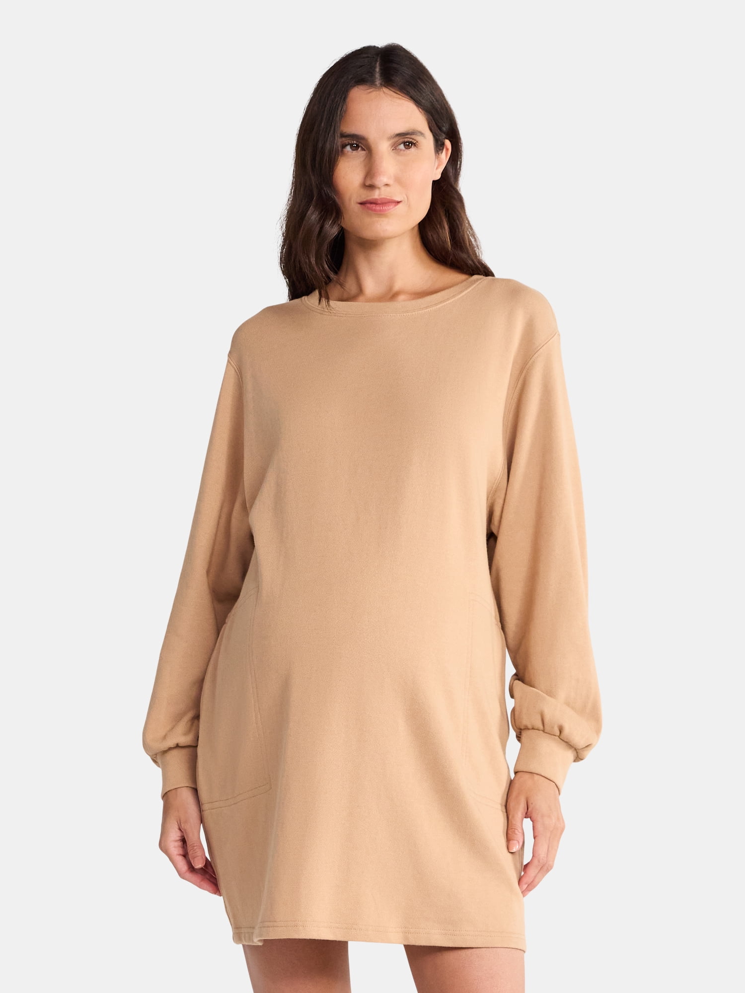 Time and Tru Women's Maternity French Terry Sweatshirt Dress with Long Sleeves, Sizes S-XXL