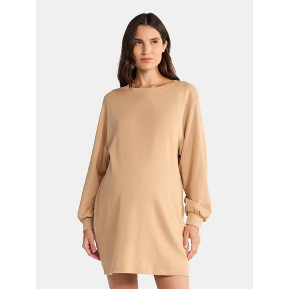 Time and Tru Women's Maternity French Terry Sweatshirt Dress with Long Sleeves, Sizes S-XXL