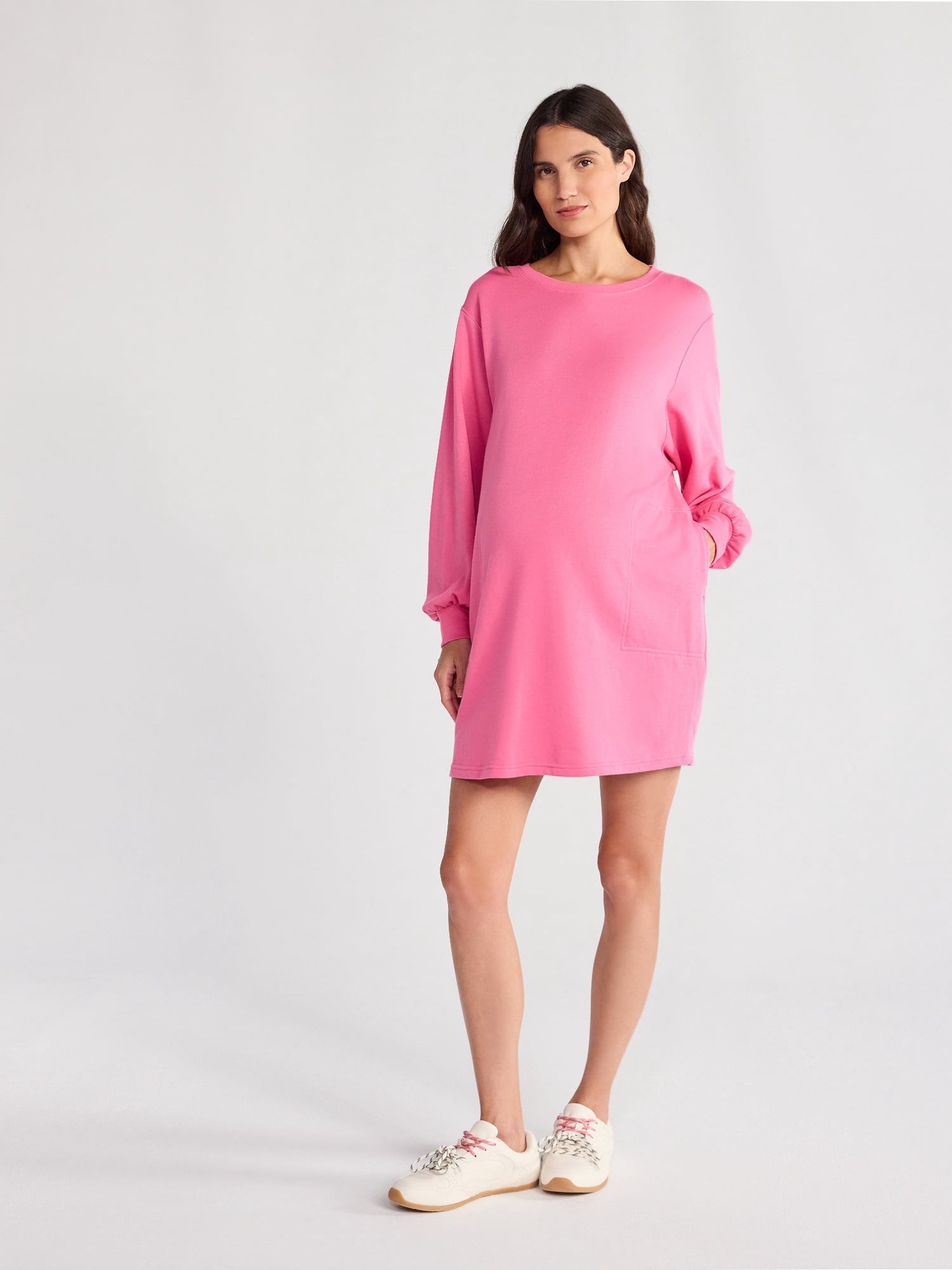 Time and Tru Women's Maternity French Terry Sweatshirt Dress with Long Sleeves, Sizes S-XXL
