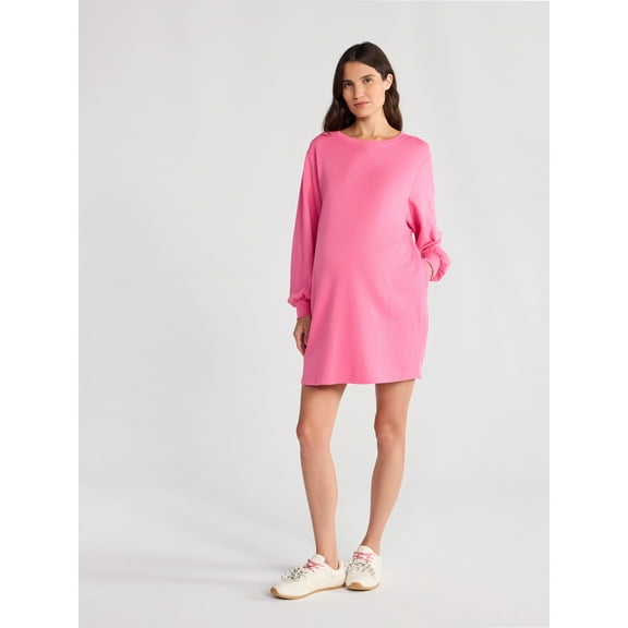 Time and Tru Women's Maternity French Terry Sweatshirt Dress with Long Sleeves, Sizes S-XXL