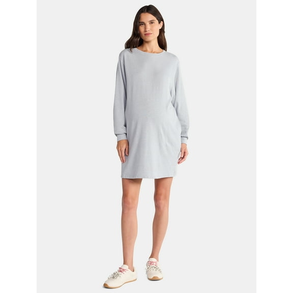 Time and Tru Women's Maternity French Terry Sweatshirt Dress with Long Sleeves, Sizes S-XXL
