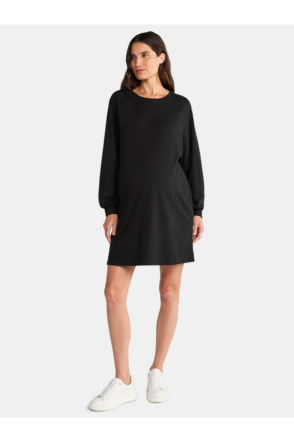 Women's Maternity French Terry Sweatshirt Dress with Long Sleeves, Sizes S-XXL