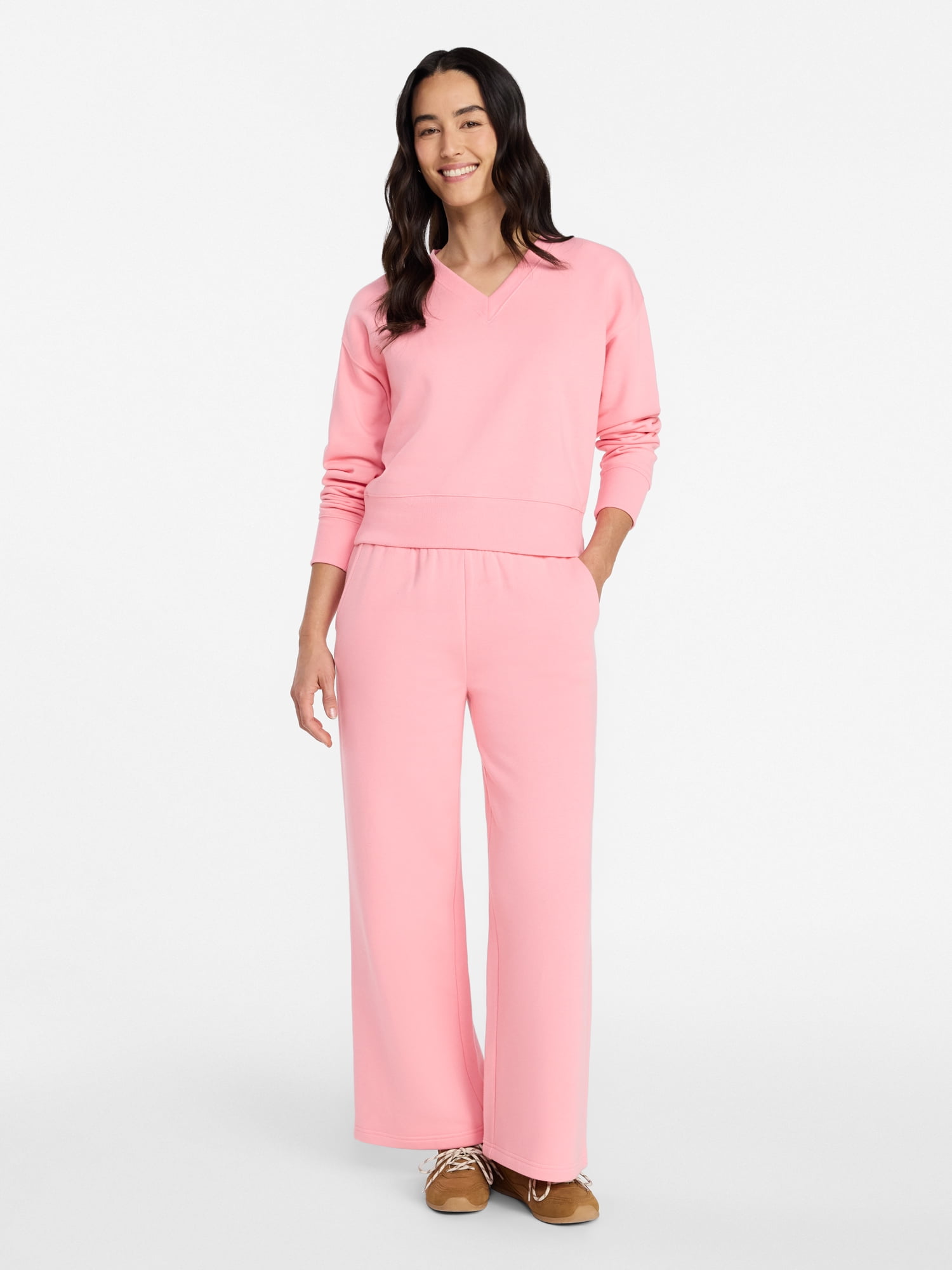 Time and Tru Women's and Women's Plus V-Neck Sweatshirt and Pants Set, 2-Piece, Sizes XS-4X