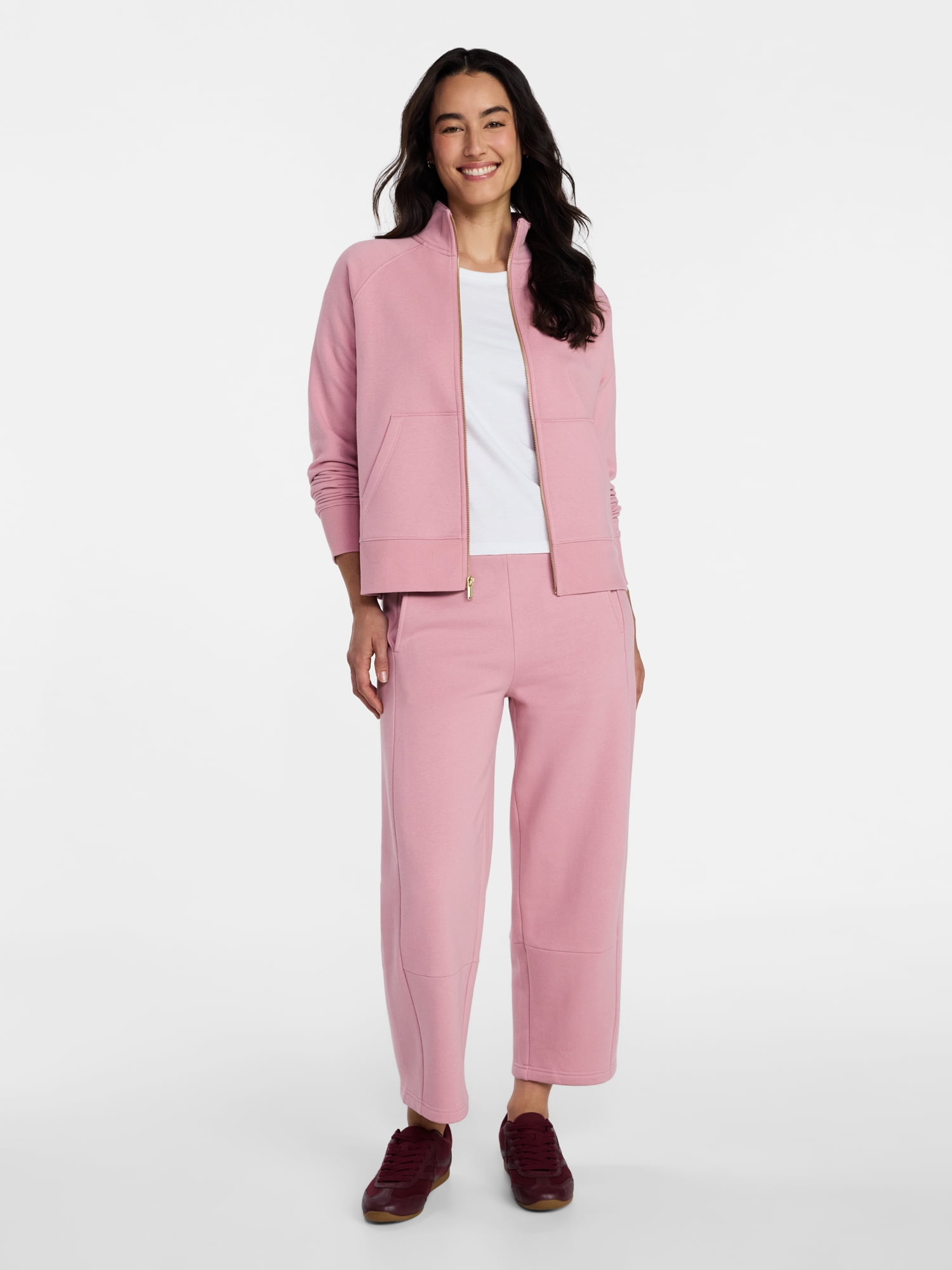 Time and Tru Women's Fleece Sweatshirt and Barrel Leg Pants Set, 2-Piece, Sizes XS-XXXL