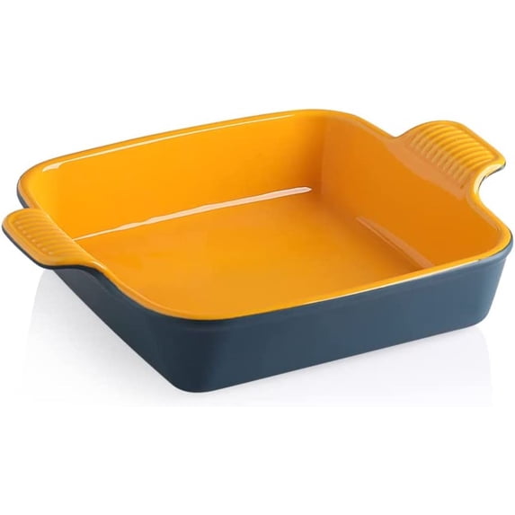 SWEEJAR Ceramic Baking Dish, 9 x 9 Cake Baking Pan for Brownie, Porcelain Square Bakeware with Double Handle for Casserole, Lasagna, Family Dinner,Blue&Yellow