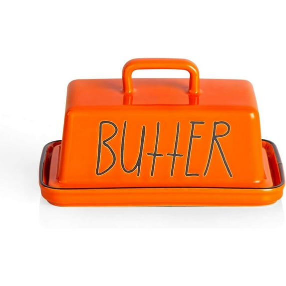 SWEEJAR Ceramic Butter Dish with Handle Lid, 7.3 Inch Porcelain Large Butter Keeper with Cover (Orange)
